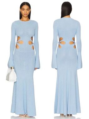 SAU Lee Destiny Cutout Soft Crochet Knit Bell Sleeve Maxi Dress Baby Blue